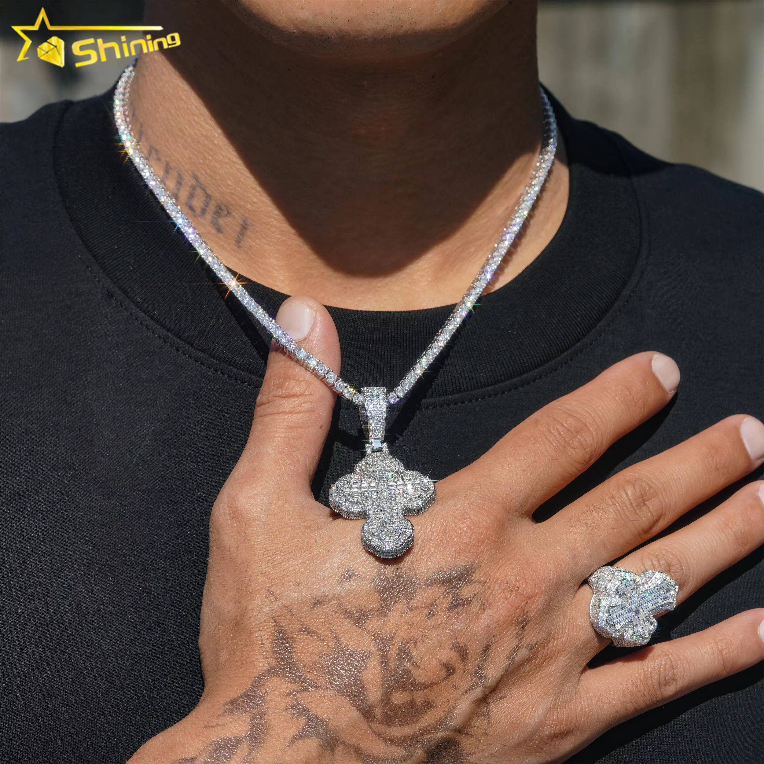 Iced Out Hip Hop Moissanite Jewelry 925 Sterling Silver Diamond Cross Pendants baguette Moissanite Diamond Rings for Men Women