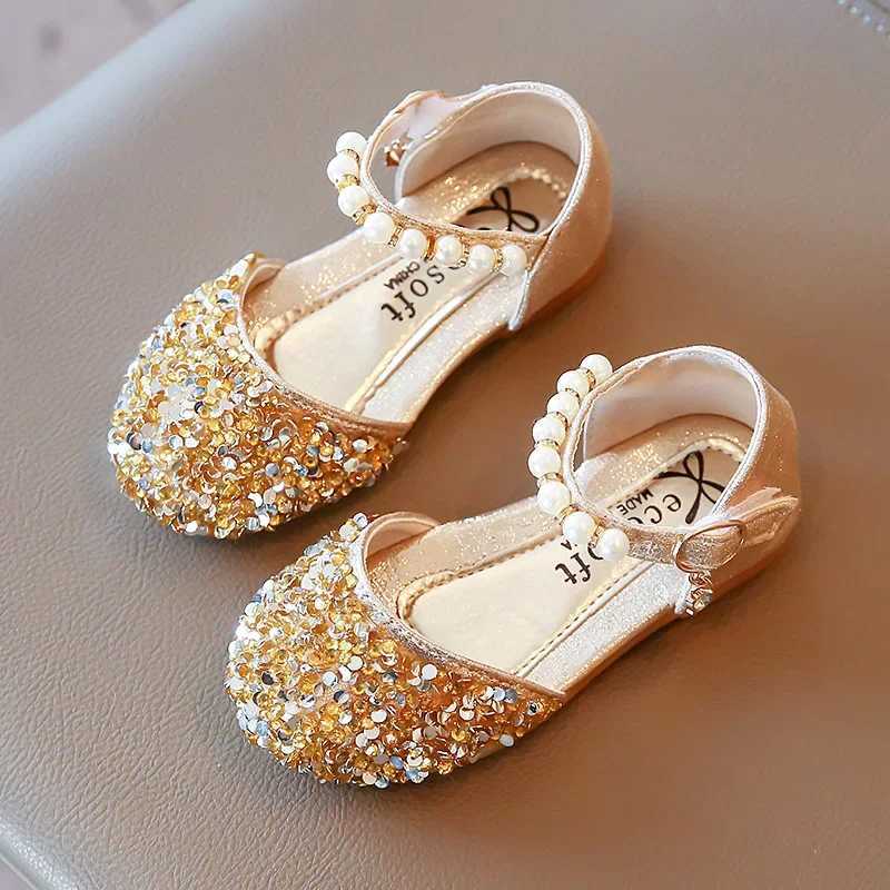 Girls Sprincess Shoes Sequins Pearl Gold Pink Summer Children Sandals Cover Toe 21-36 Toddler Fashion Party Dance Kids FlatsT250306