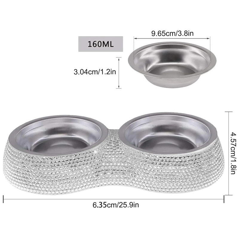 Small Cat Bowls, Handmade Bling Rhinestones Stainless Steel Pet Bowls Double Food Water Feeder for Puppy Cats Dogs Cats 320ML