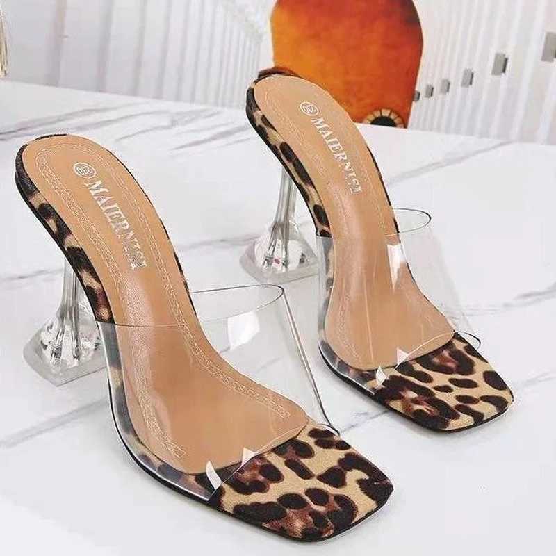 Fi Wen transparent slippers luxury summer womens shoes with heels transparent casual leopard print sandals open toe high H Y250306