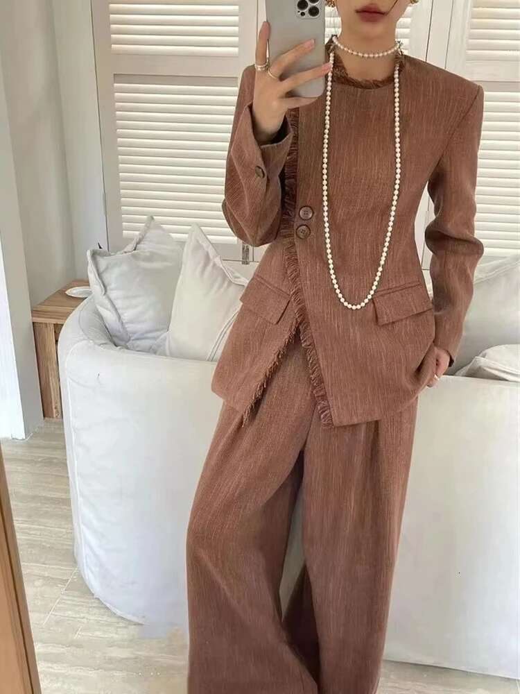 YERMORA Women Two-Piece Suit Irregular Tassel Blazer O-Neck Long Sleeve Fashion Tide Wide Leg Pants Spring Autumn 2025 New A236