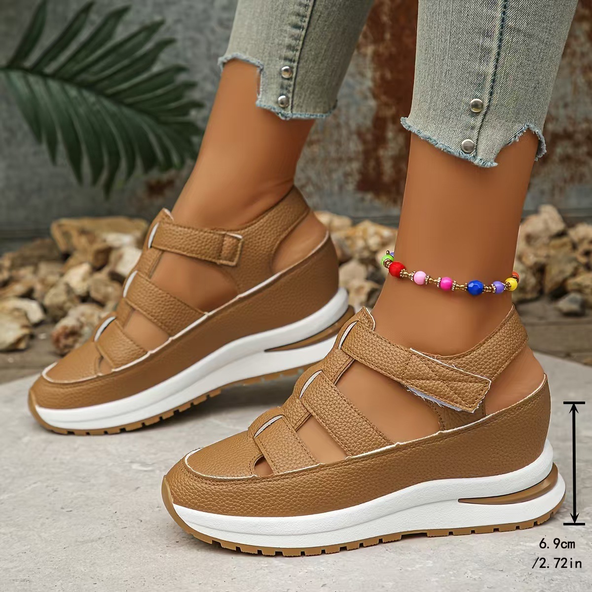 Large thick soled toe open back wide strip sandals, 2025 summer new height increasing casual style women's shoes #ddmykukumalu
