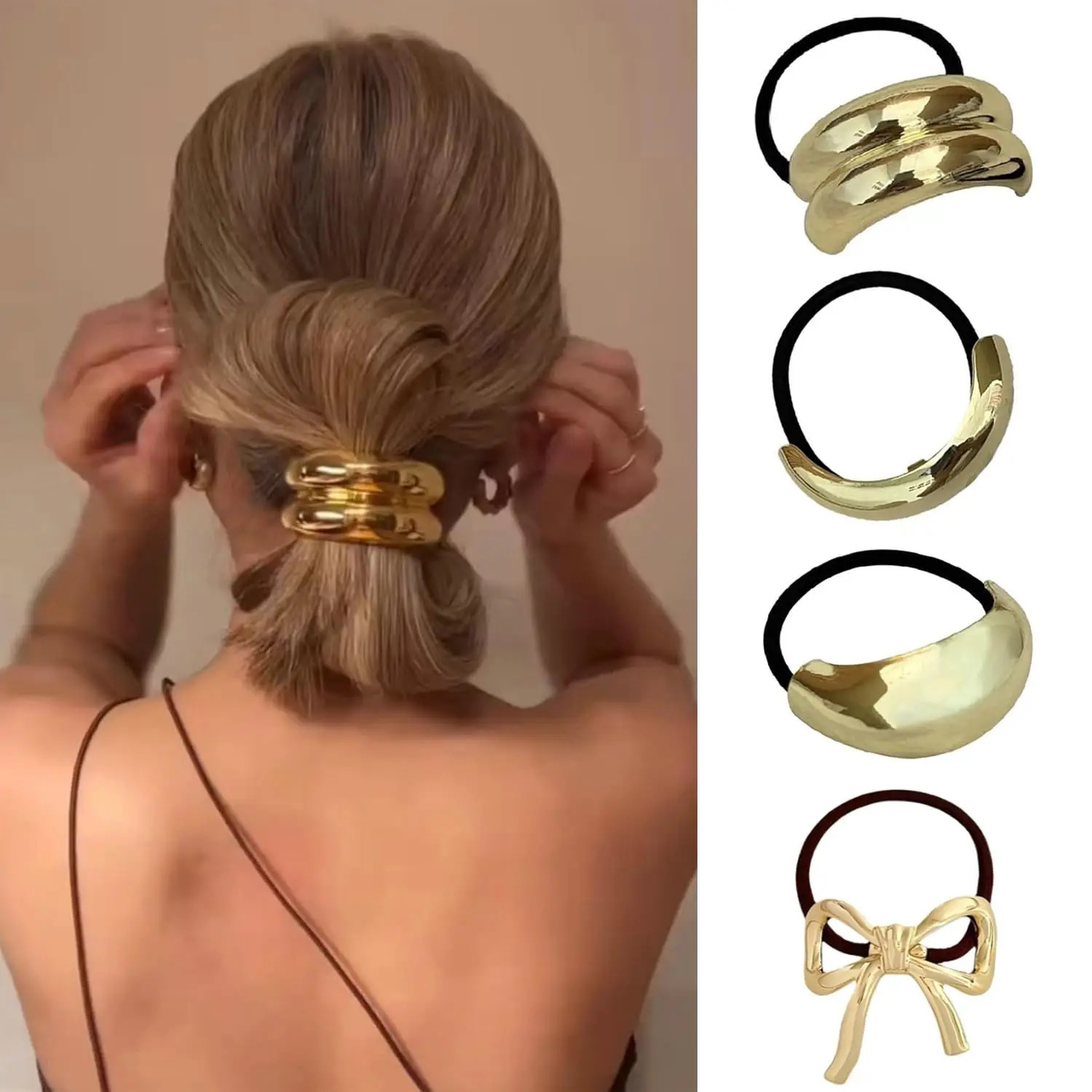 4PCS Metal Hair Ties Geometric Elastic Hair Cuff Ponytail HolderGold Hair ScrunchiesFashion Hair Accessories for Women Thick250304