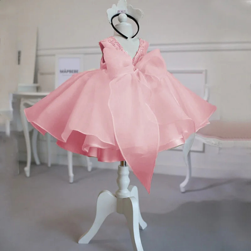 Baby Girl Christmas Baptism White Pink Dress Kids Beading 1st Birthday Elegant Princess Party Christening Toddler Vestidos 250305