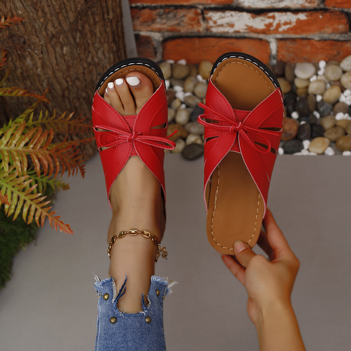 Women's plus size spring/summer 2025 simple sandals flat bottom solid color bow new style #ddmykukumalu