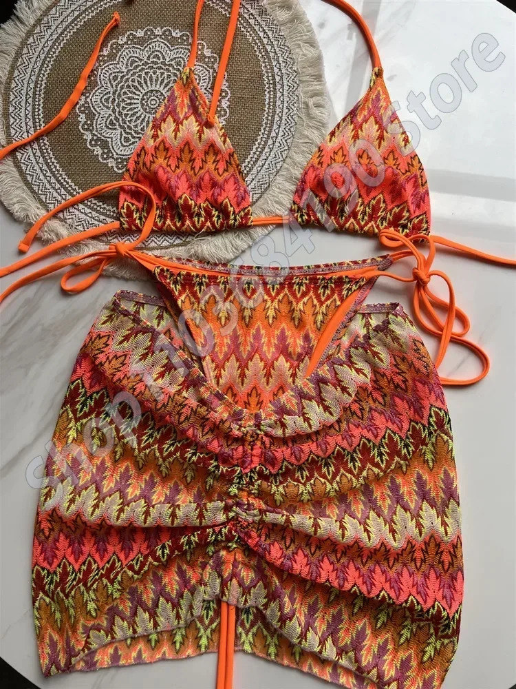 Women Swimsuit Colored Maple Leaves Knitted Bikini Skirt ThreePiece Set Split 250305