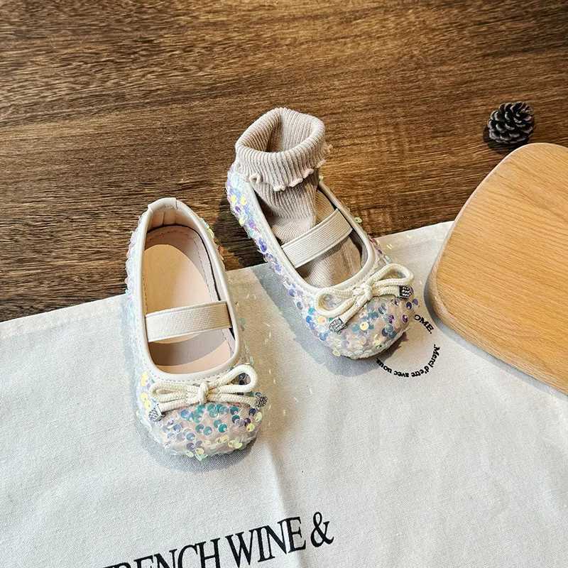 New Bling Girls Flats Shoes Bow Paillette Shallow PU Children Ballet Flats Elastic Band Non Slip Toddler Kids Princess ShoesT250306
