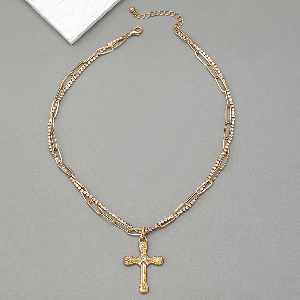 Niche Design High Sense Cross Pendant Double Gemstone Stack Wear Collarbone Necklace Jewelry for Women