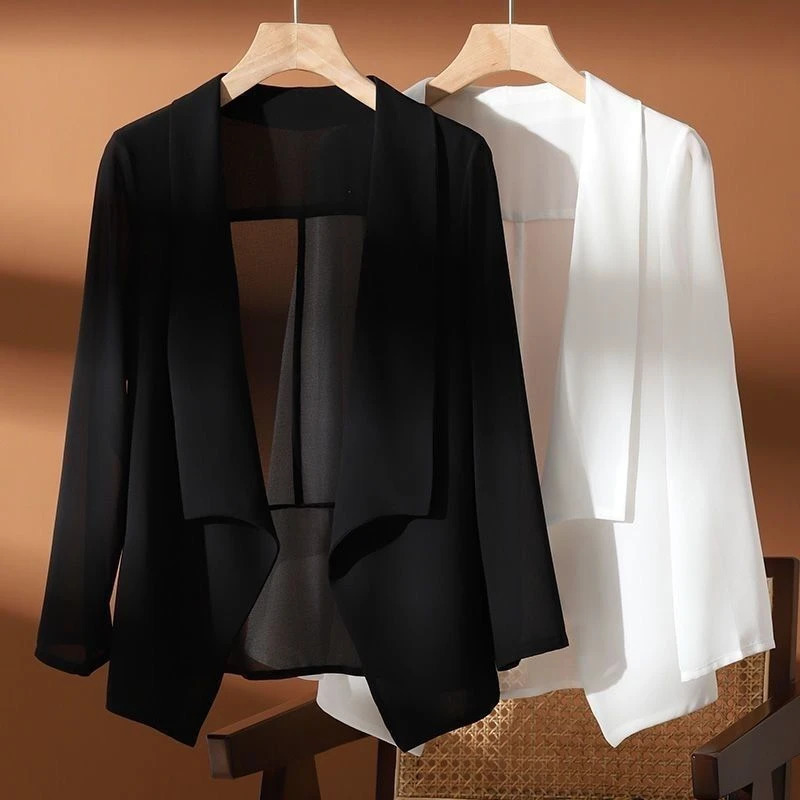 #3512 Black White See Through Chiffon Jacket Women Thin Sexy Short Sunscreen Coat Ladies Asymmetrical Kimono Cardigan 250306