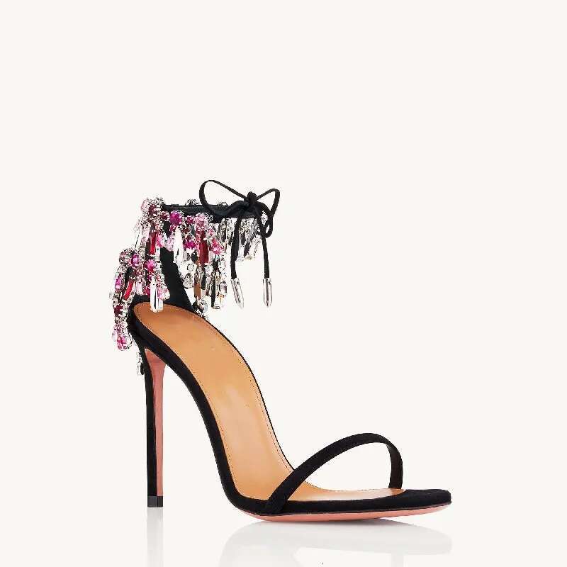 Colours Rhie Chains Narrow Band Sandals Wedding Women Bowknot Lace Up High Heel Open Toe Crystal Summer Party Shoes