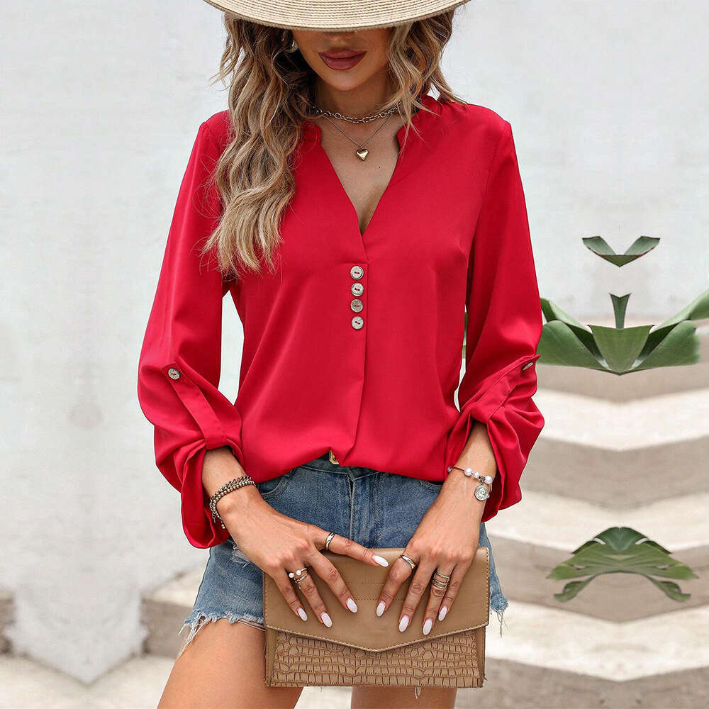 Autumn And Winter New Clothing Sexy V-Neck Temperament Commuting Long Sleeved Women's Shirt KLMY