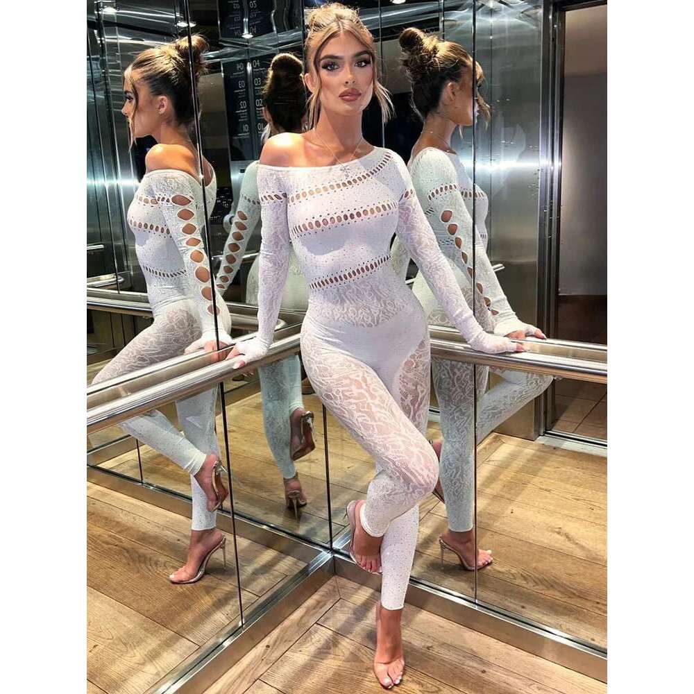 Sibybo Off Shoulder Long Sleeve Jumpsuits Women Fashion Rhies High Stretch Hollow Out Sexy Overalls Sparkly Party Rompers KLMY