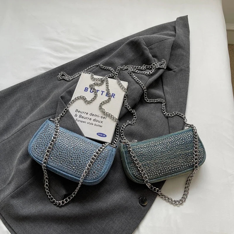 Womens Rivet Denim Crossbody Clutch Bags Versatile Chain Single Shoulder Sequined Handbags Female All-match Zipper Phone Purse 250306