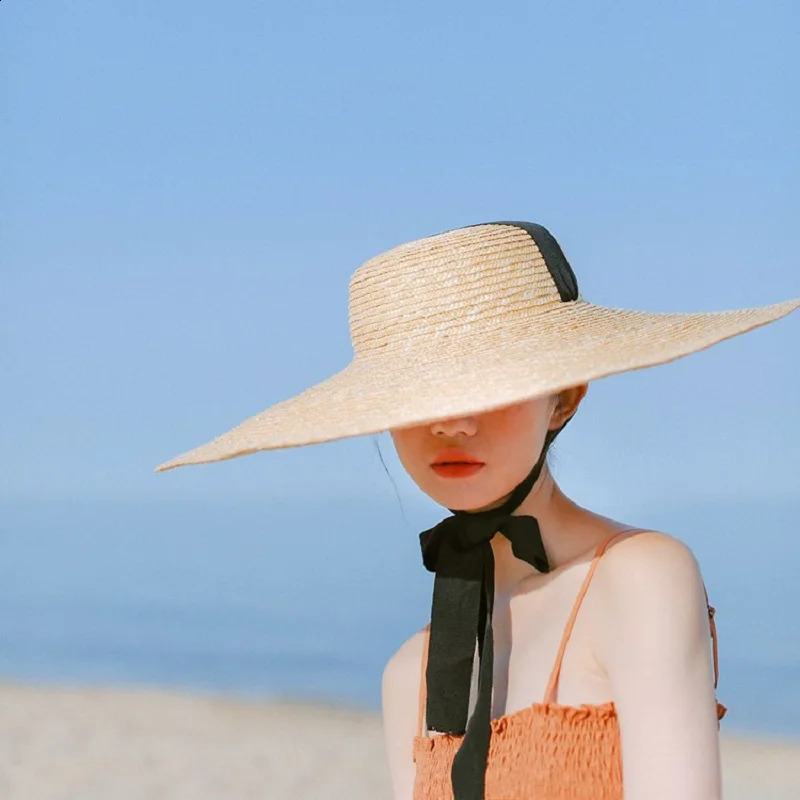 Summer Big Natural Straw Hats For Women Handmand Wide Brim Beach Visor Caps Elegant Flat Top Long Ribbon Lace-Up Sun Hat 250303