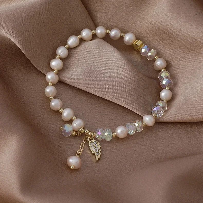 Fashion Freshwater Pearl Bracelet Women's Exquisite Baroque Crystal Bracelet Student Girlfriend Ins Niche Wing Crystal Bracelet