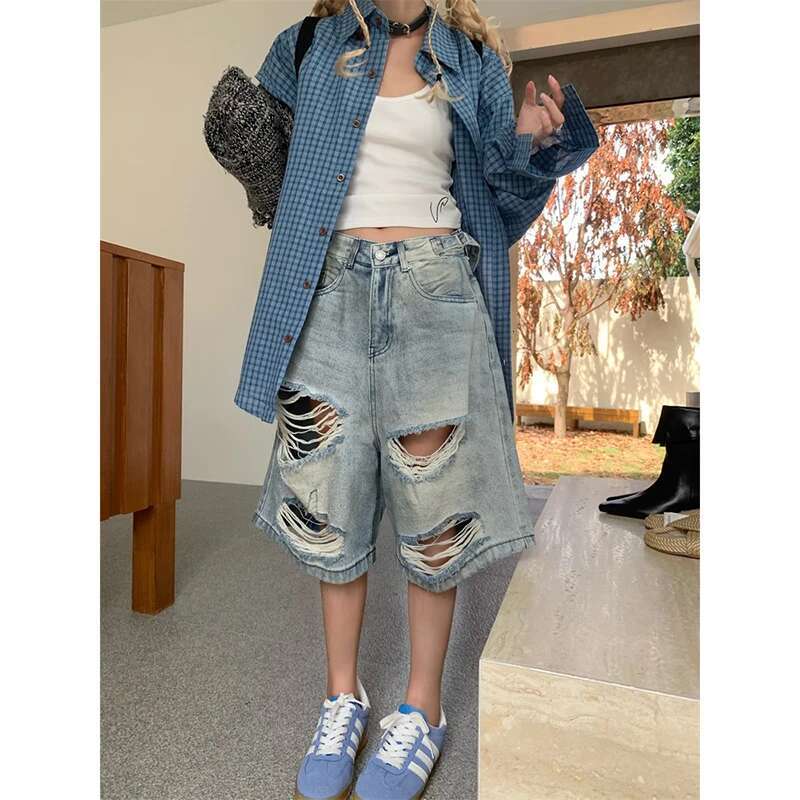 Summer Vintage Blue Ripped Short Jeans Women Oversized Distressed Jorts Y2k Grunge Baggy Boyfriend Denim Shorts Wide Streetwear