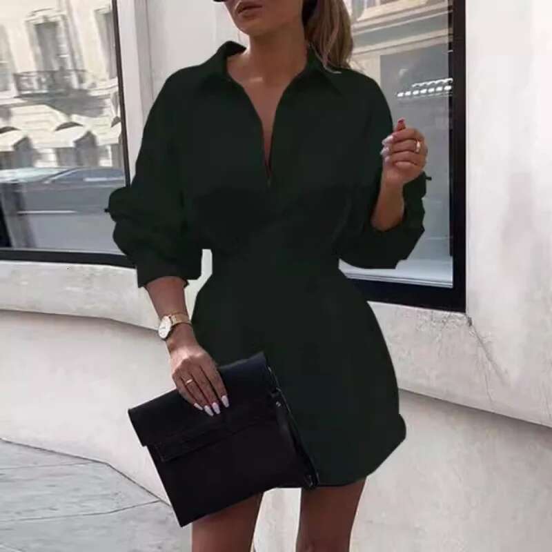 Dress Women Summer New Pure Color Lady Turn Down Collar Shirt Waist Button Decoration Mini Dresses Casual Vestidos