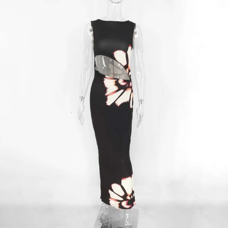 Summer Sexy Maxi For Women Streetwear Fashion Print Hollow Out Sleeveless New Slim Dress Casual Club Elegant Party Dresses KLMY