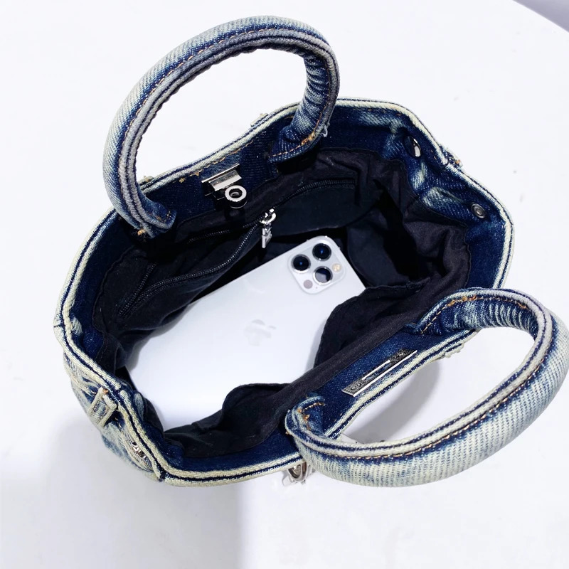 Lock Rivet Decoration Key Bags For Women Handbag Purses In Vintage Wash Water Denim Shoulder Crossbody 250306