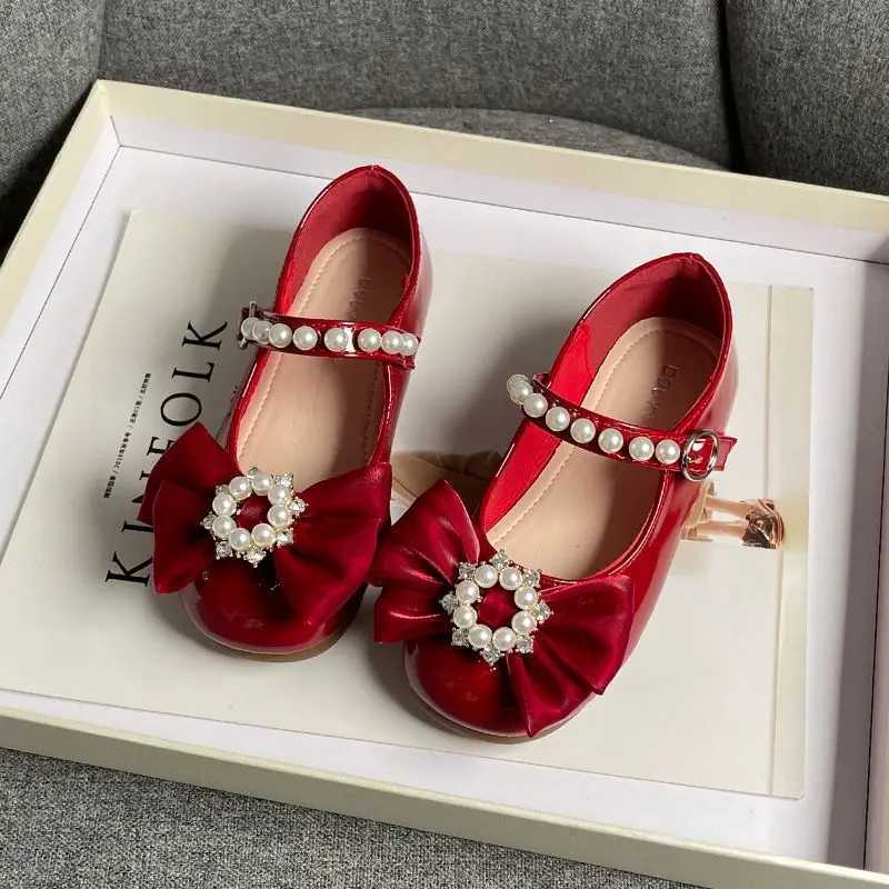 Girls Mary Janes Pearl Elegant Party Luxury Kids Princess Shoe Flat Patent Leather Shallow Wedding Children Single Shoe 26-36T250306