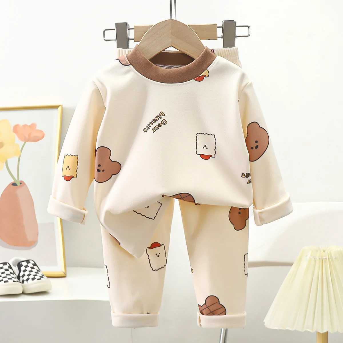 New Kids Autumn Warm Pajamas Boys Girls Cute Cartoon Bear Long Sleeve T-Shirt Top + Pants Baby Sleepwear Underwear Clothing Sets M250306