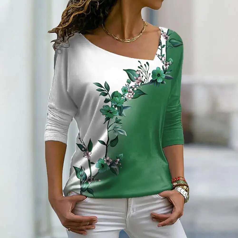 Women Autumn Top Wer Print Contrast Color Long Sleeves V Neck Pullover Warm Soft Ral Pattern Lady T-Shirt Female Clothes