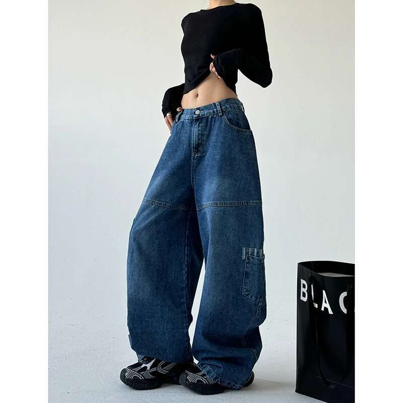 Blue Jeans Women Y2k American Hip Hop Vintage 2000S High Waisted Jean Straight Streetwear Casual Loose Wide Leg Denim Pants