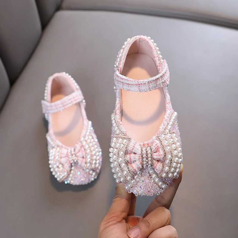 Elegant Girls Princess Shoes Beading Bowknot Four Colors Children Mary Janes Sweet Party 21-36 Beautiful Fashion Kids Flat ShoeT250306