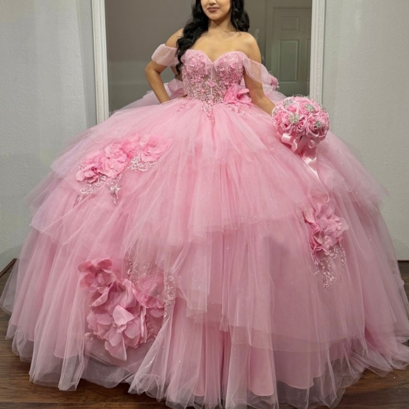 Pink Shiny Quinceanera Dresses Ball Gown Off Shoulder Applique Flower Bow Beading Tull Corset Sweet 16 Dress Vestidos 15 De Anos