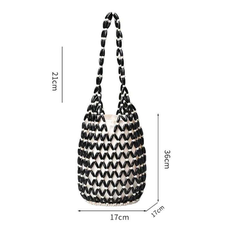 Large Capacity Wooden Bead Women Bucket 2025 New Handmade Woven Shoulder Vacation Beach Bag