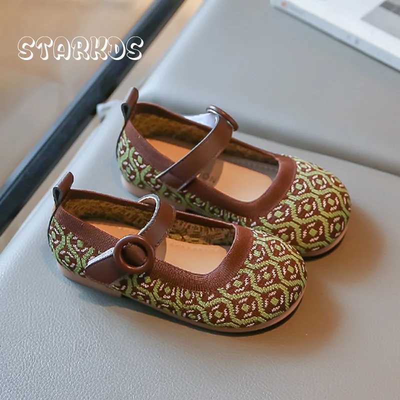 Vintage Green Jacquard Shoes Girls Breathable Knitted Ballet Flats Baby Kids Retro Elegant Floral Mary Jane Loafer ZapatosT250306