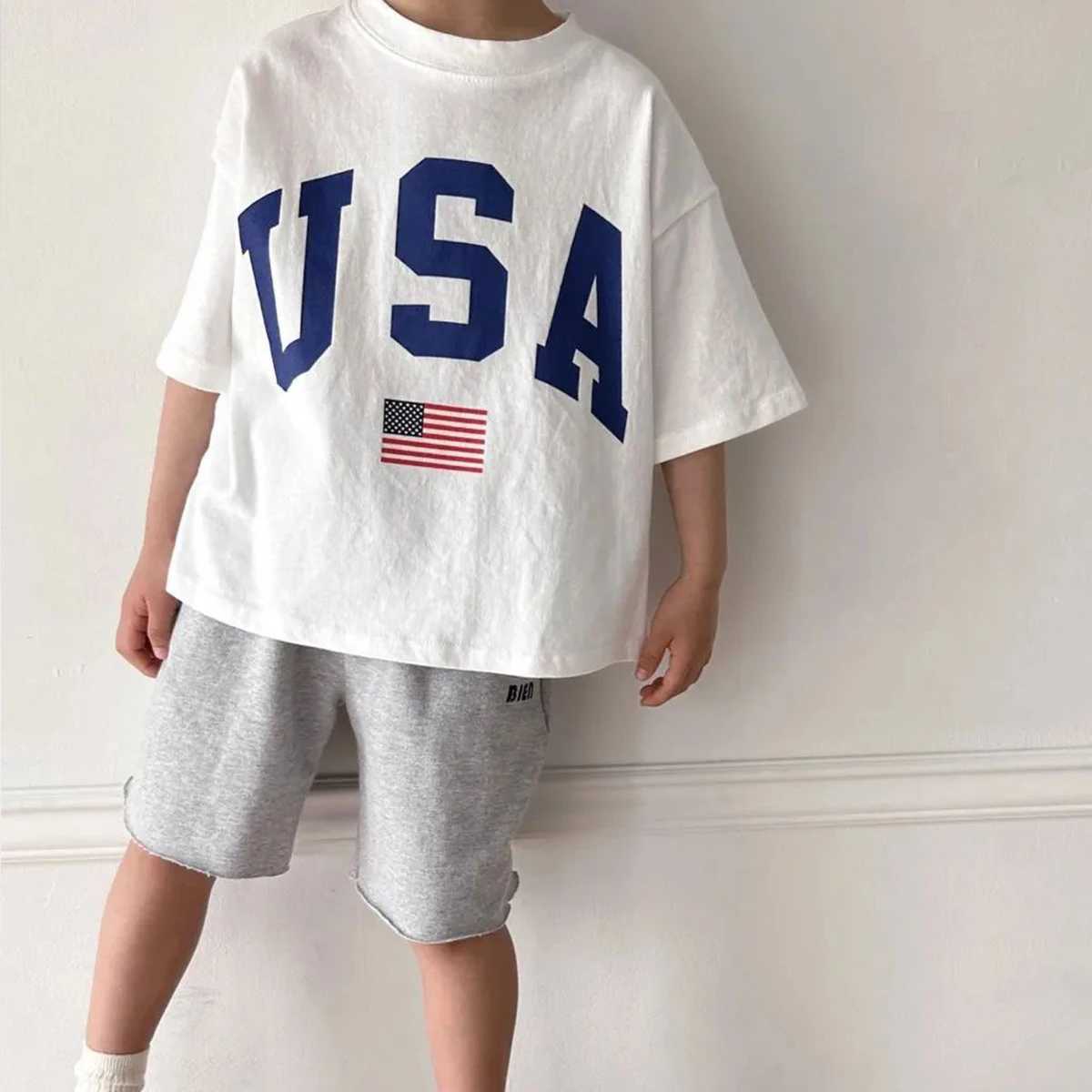 Korea Summer Kids Boys Girls Tee Oversized USA Print Short Sleeve T-Shirt Cotton Casual Tops Infant Outfit Toddler Clothes 6M-4YT250306