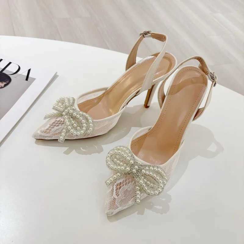 New Summer Wens High Shoes Pearl Bow Lace Pointed Sexy Versatile Sandals Closed Toe Single Shoes Y250306