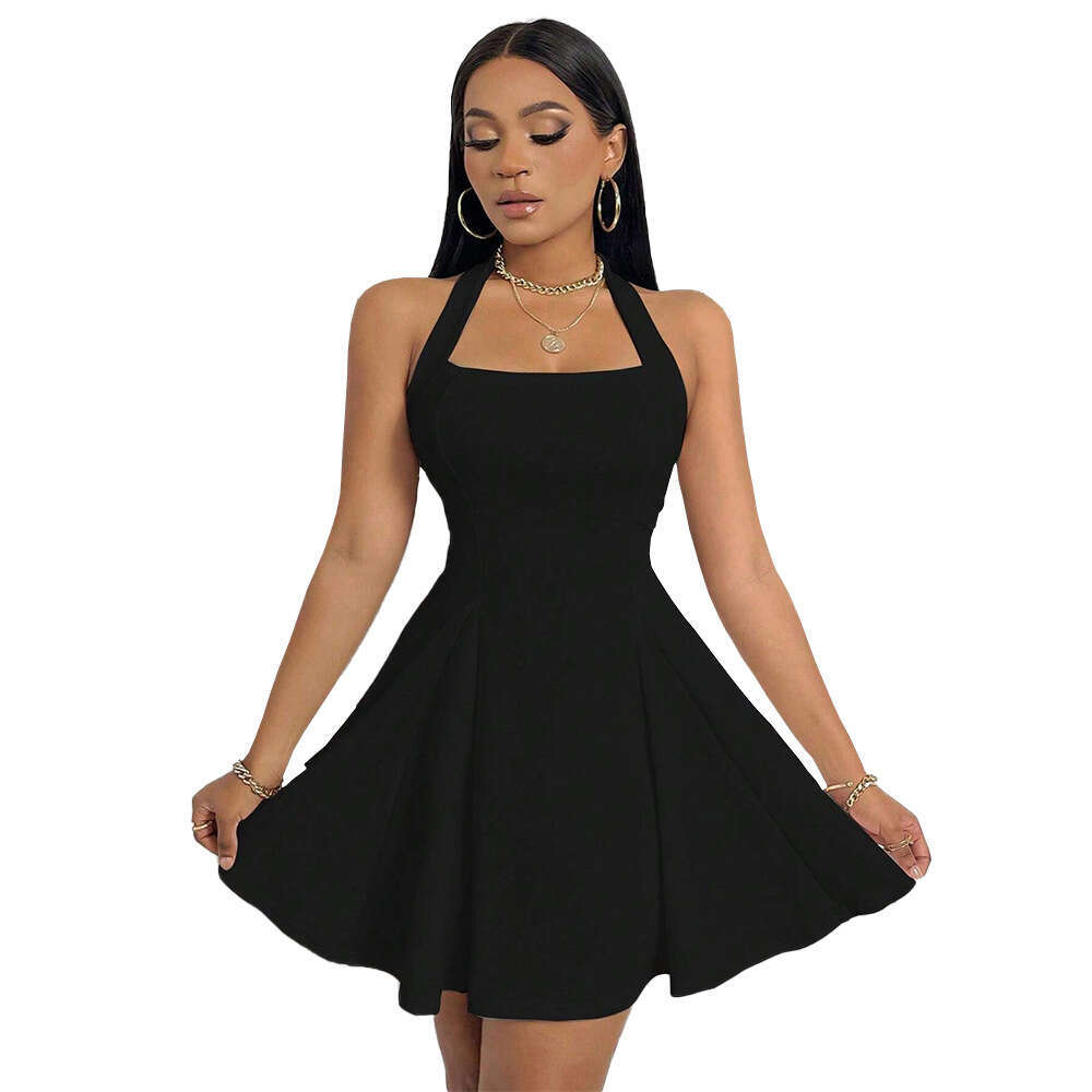 Y2k Ins New Women's Sexy Hanging Neck, Open Back, Waist, A-Line Large Swing Short Dress KLMY