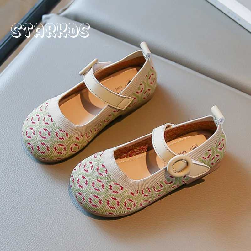 Vintage Green Jacquard Shoes Girls Breathable Knitted Ballet Flats Baby Kids Retro Elegant Floral Mary Jane Loafer ZapatosT250306