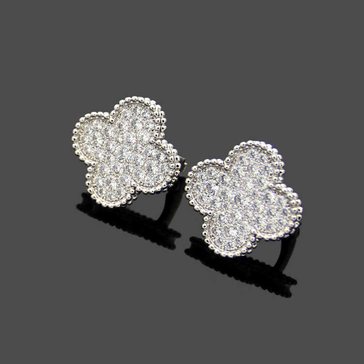 Dangle Chandelier Large Four Leaf Flower Full Diamond Ear Clap Asian Gold Earrings H250306