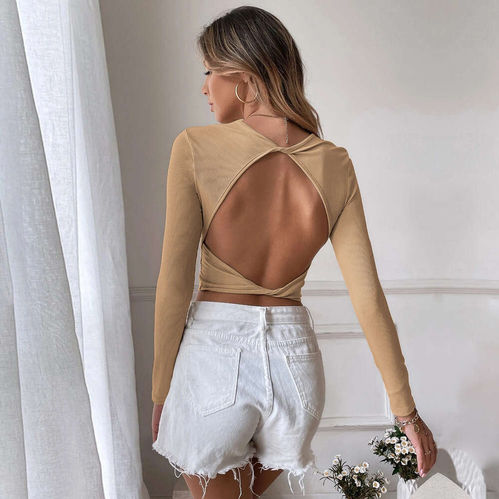 Women's Sexy Open Back Casual Short Fit Knitted Long Sleeved T-Shirt Top Bottom For Outwear KLMY