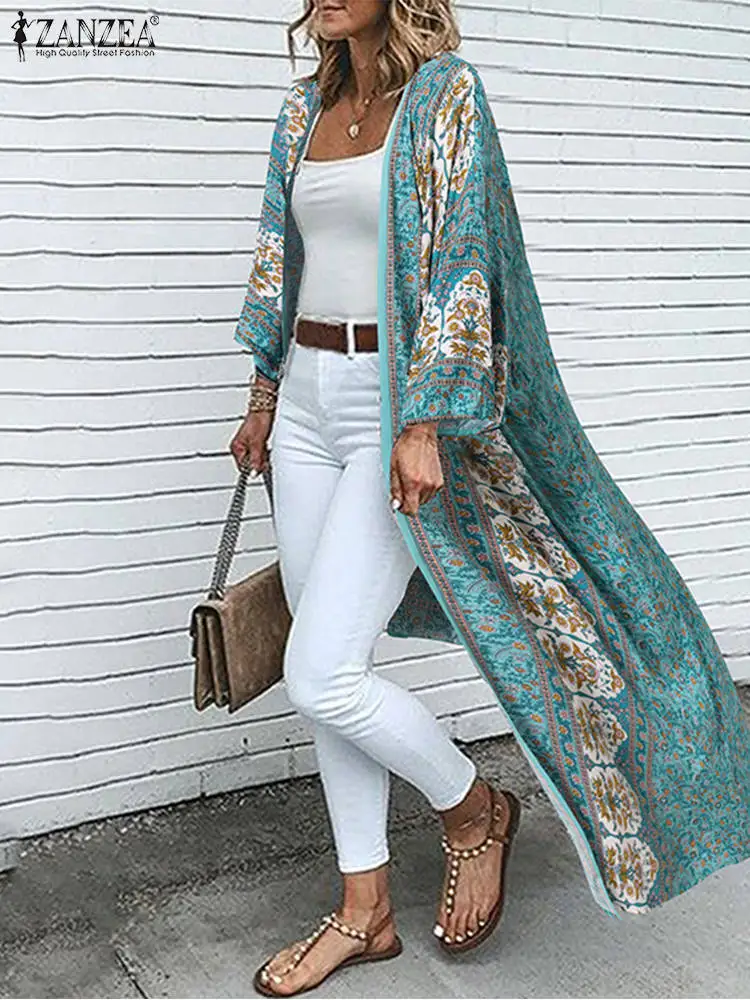 Summer Bohemian Floral Long Cardigan Women Printed Beach Holiday Kimono Tops ZANZEA Vintage 3/4 Sleeve Blusas Loose Long