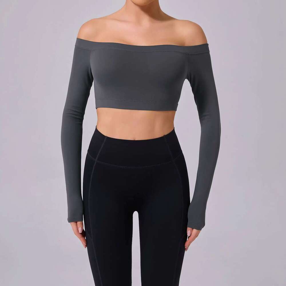 One Shoulder T-Shirt, Long Sleeved Yoga Women's Sandblasted Tight Fitting Fiess Suit, Paired With A Sports Running Top KLMY