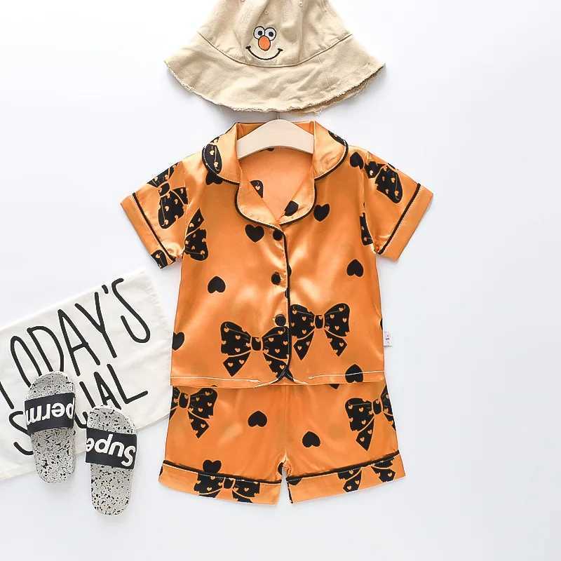 summer new cartoon suit boys and girls casual pajamas suit baby silk ice dinosaur short sleeve shorts housewear suit M250306