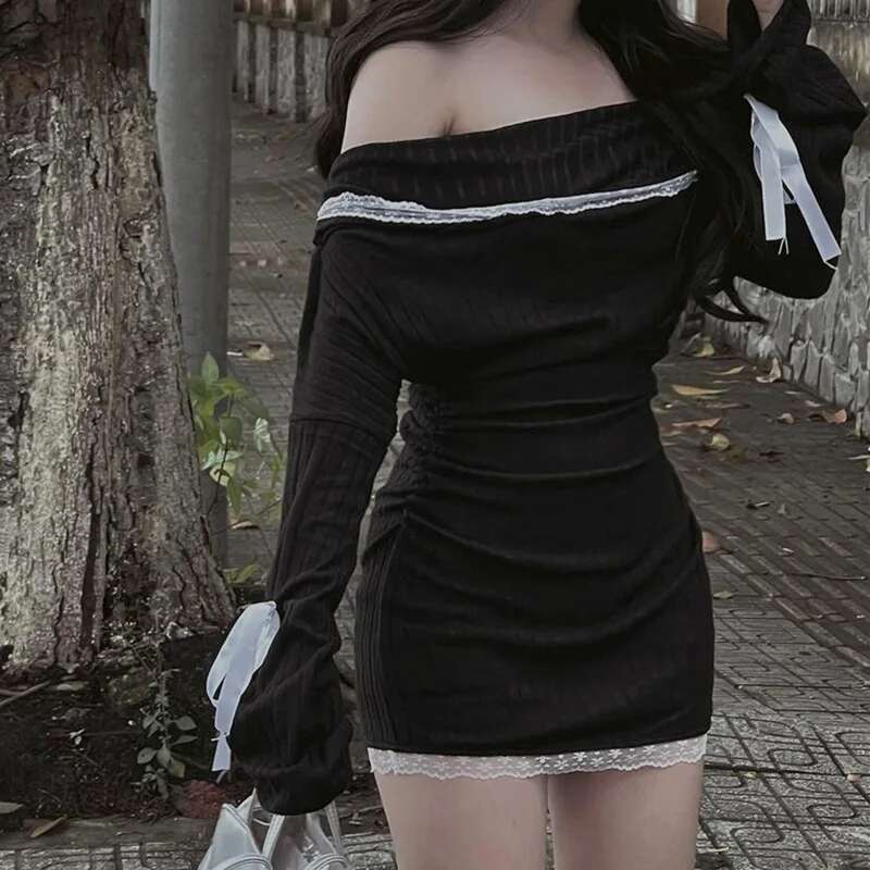 Strapless Sexy Black Dress Women Autumn Off Shoulder Long Sleeves Lace Knitting Bandage Mini Dresses Slim Elegant Club Partywear KLMY