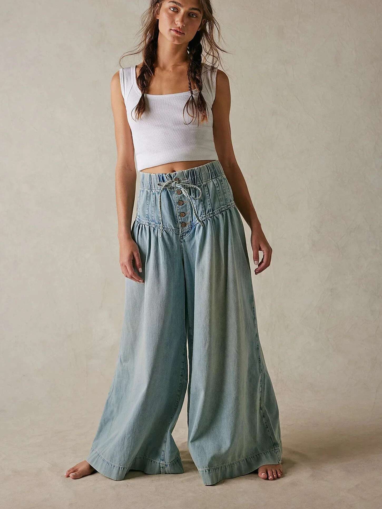 Canwedance Free Style Full Length Mid Waist Boho Folds Cotton Hippie Wide Leg Pants 3Xl Trousers Chic People Jeans