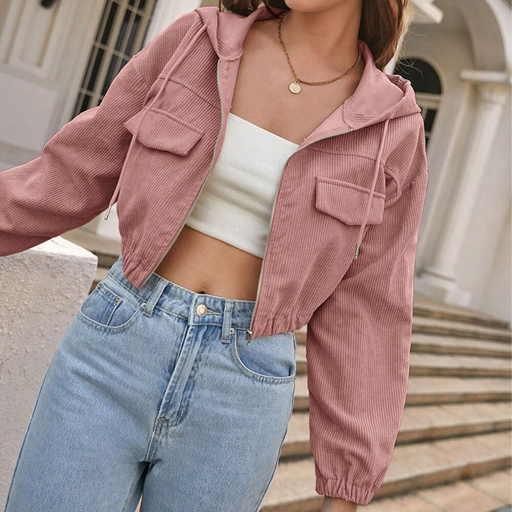 Women's Clothing Autumn And Winter New Loose Casual Solid Color Hooded Ultra Short American Jacket KLMY