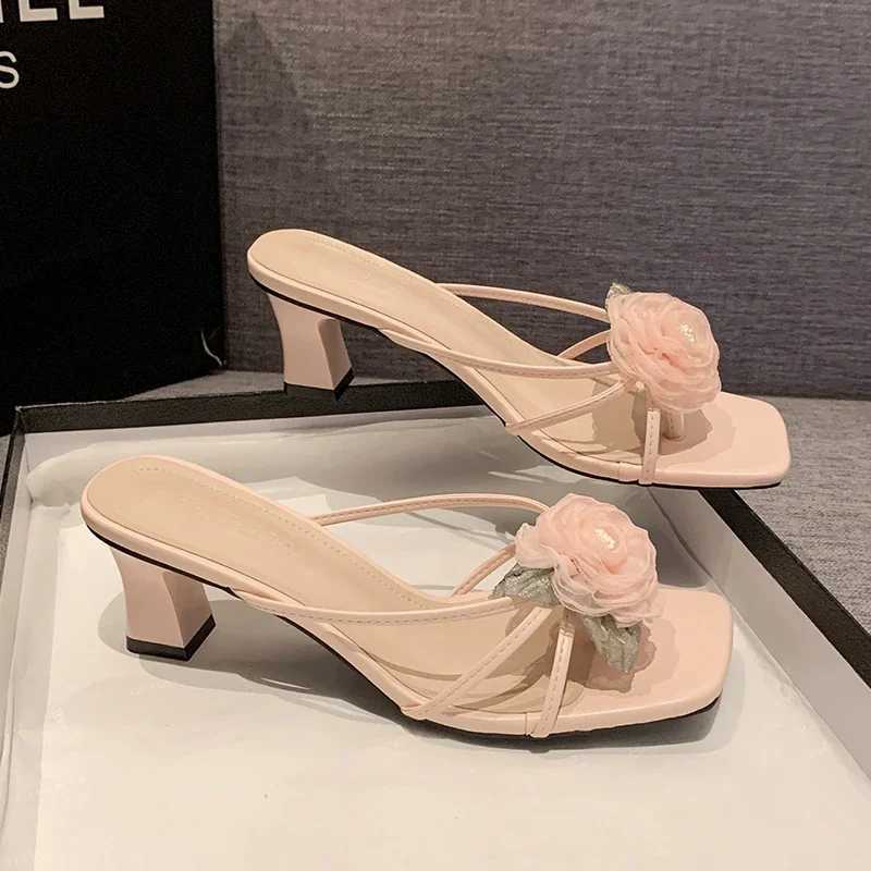 Aneikeh Summer Fi Lace Flower Square Toe Wens Slippers High Heel Sandals Beac Zapatos Wedding Shoes Bride Y250306