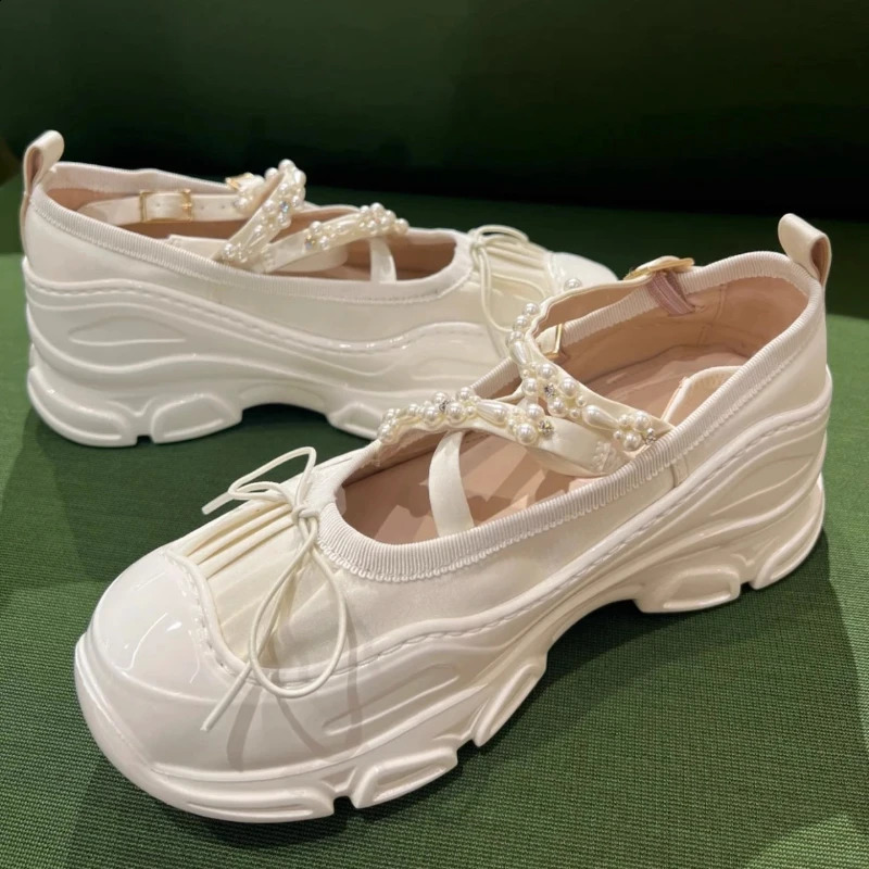 Women Pearls Buckle Mary Jane Shoes Thick Bottom Ballet Sneakers Round Toe Anti-slip Lightweight Loafers Zapatillas De Mujer 250305