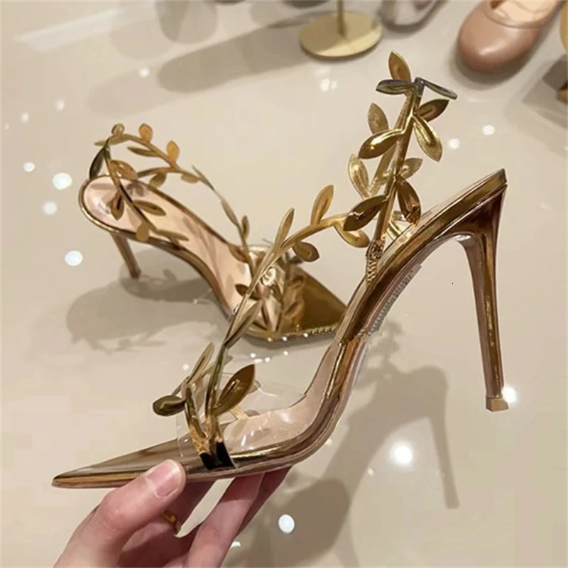 Summer Metal Patent Leather Women Sandals Stiletto Leaf Open Toe Ladies Shoes Rome Sexy Pointed Zapatos Para Mujeres 250306
