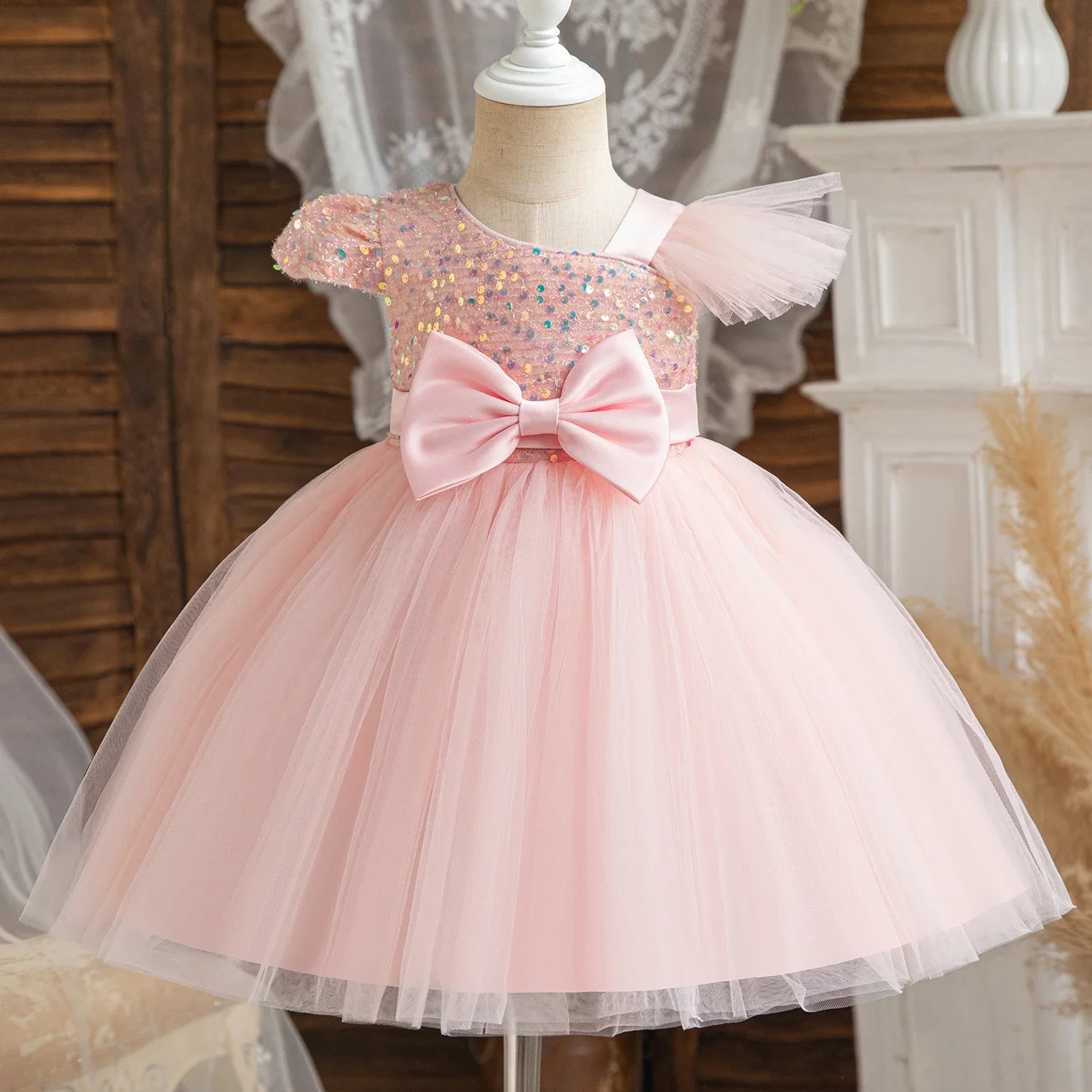 Girls Princess Sequins Dresses Toddler Kids 1st Birthday Baptism Gown Children Wedding Christmas Party Dress 250305