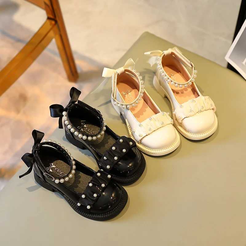 Children Mary Janes Back Riband Ankle Strap Sweet Girls Leather Shoes Round Toe Beading Lovely 26-36 Fashion Kids Autumn ShoesT250306
