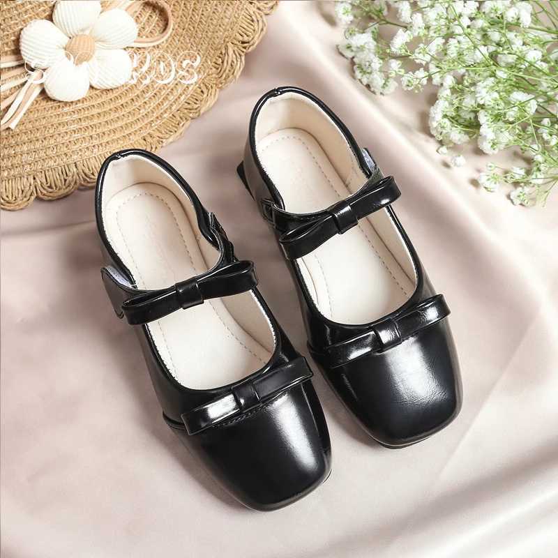 Patent Leather Bowknot Mary Jane Shoes Kids Cute Bows Ballet Flat Girls Children Solid White Black School Zapatos with Hook LoopT250306
