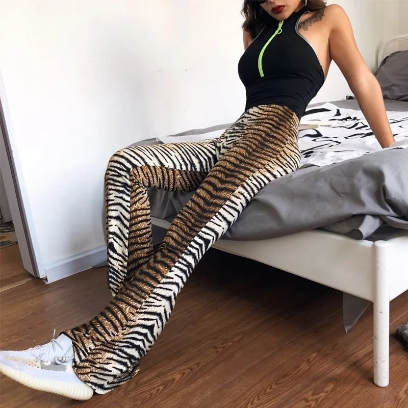 Europe America Autumn and Winter Womens Leopard Trousers Flared Pants Ladies Sweatpants with High Waist Long Legs 250306